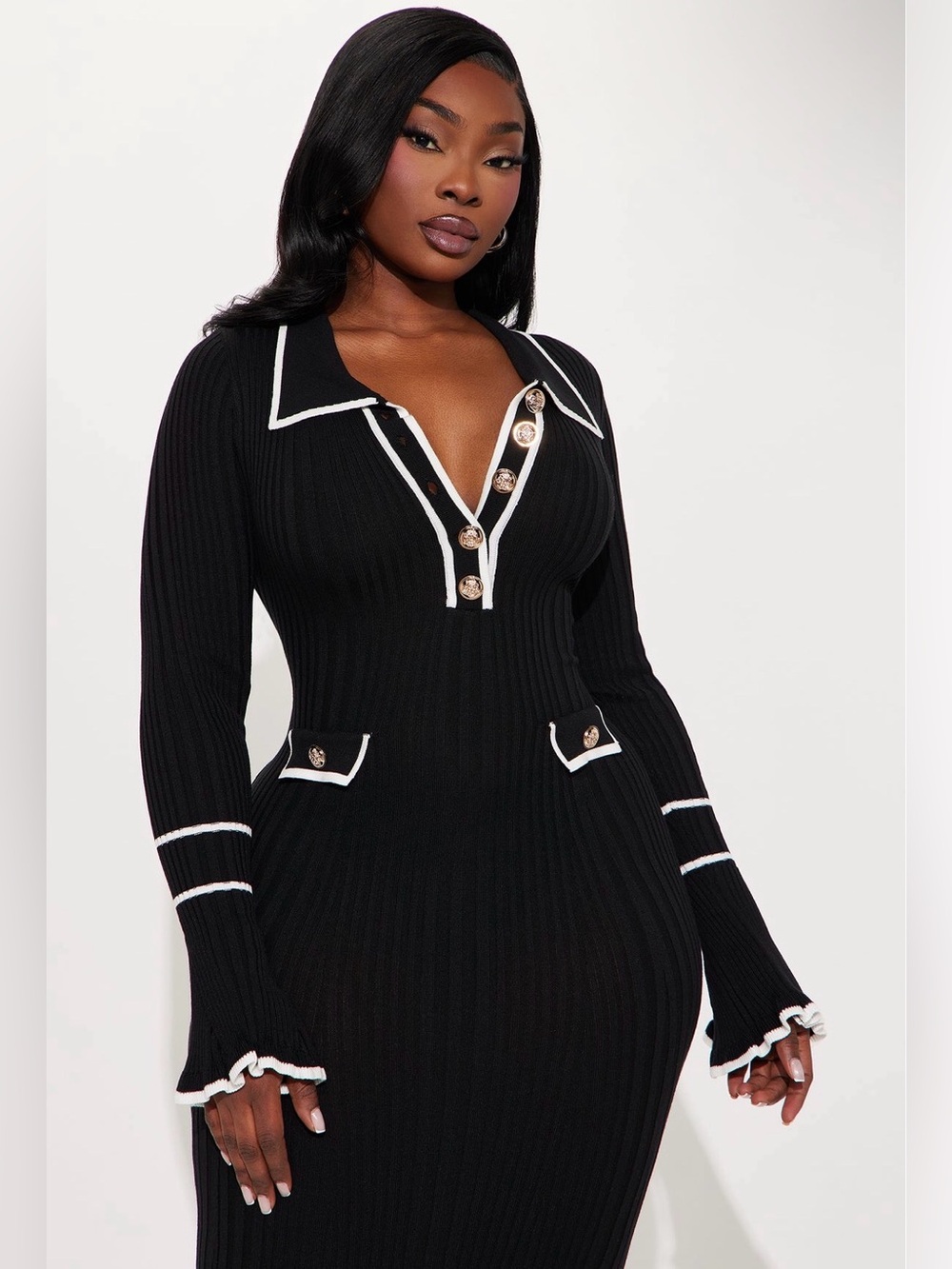 Black Long Sleeve Ribbed Maxi Dress with Contrast Trim and gold buttons - Picture 5 of 6
